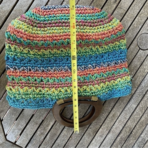 Chico's Straw Woven Multicolor Beach Tote Purse Lined Wood Handles - Picture 11 of 11